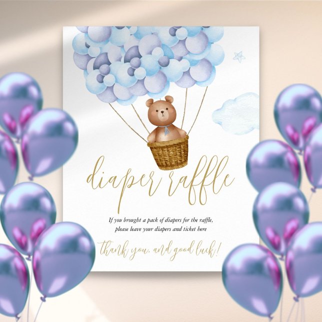 Poster Fralda Raffle Teddy Bear Blue Chá de fraldas Sinal (Diaper Raffle Teddy Bear Blue Baby Shower Sign)