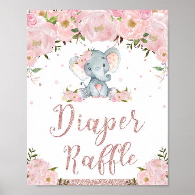 Poster Fralda Sinal de Raffle Chá de fraldas Elefante Flo (Frente)