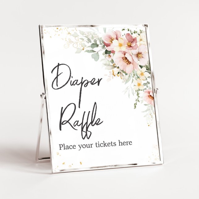 Poster Fralda Verde Rosa Dusty Raffle (Dusty Pink Floral Baby Shower Diaper Raffle Sign)