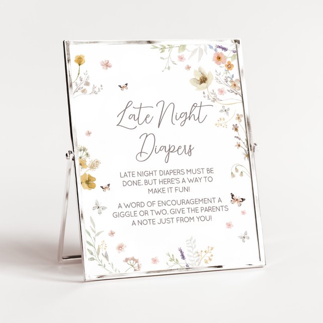 Poster Fraldas Noturnas Botânicas Pequena Flor Silvestre (Botanical Spring Little Wildflower Baby Shower Late Night Diapers Sign)