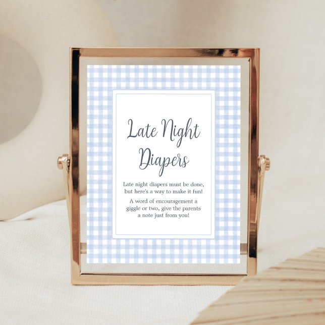 Poster Fraldas Noturnas Clássicas de Gingham Azul (Boy Gingham Baby Shower Late Night Diapers Sign)