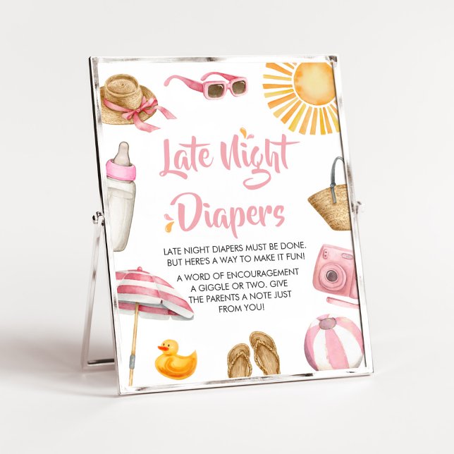 Poster Fraldas Noturnas com Chá de fraldas de apresentaçã (Girl Summer Beach Baby Shower Late Night Diapers Sign)