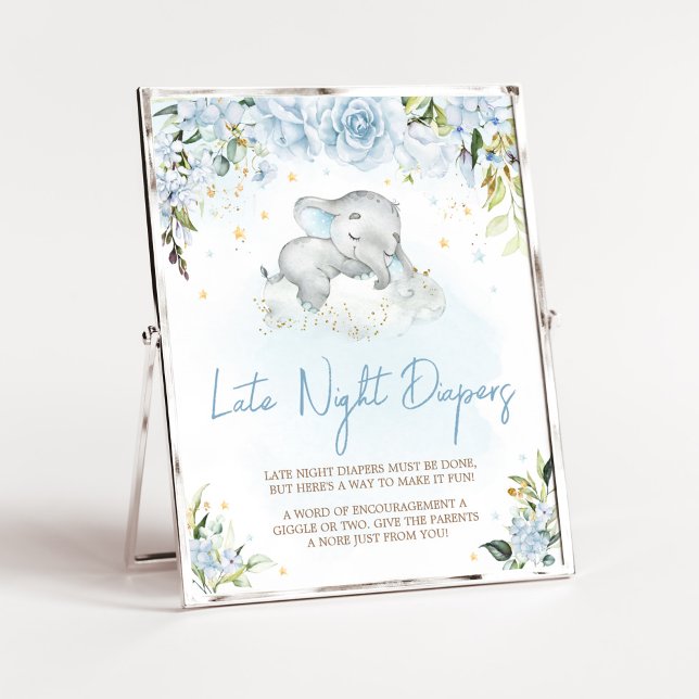 Poster Fraldas Noturnas com Elefante Floral Azul (Blue Floral Sleeping Elephant Baby Shower LAte Night Diapers Sign)