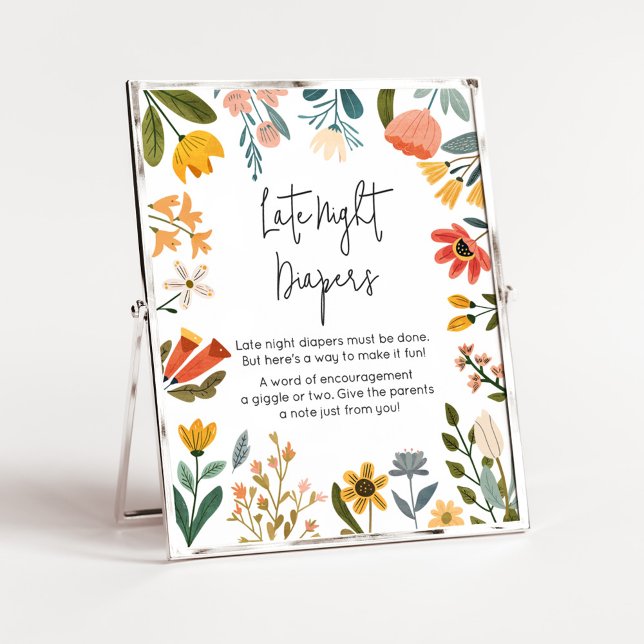 Poster Fraldas Noturnas de Flor Selvagem Brilhante (Botanical Bright Wildflower Baby Shower Late Night Diapers Sign
)