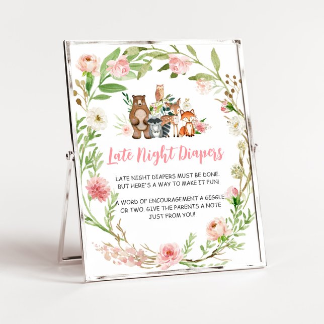 Poster Fraldas Noturnas Florais Rosa da Floresta (Girl Woodland Animals Baby Shower Late Night Diapers Sign)