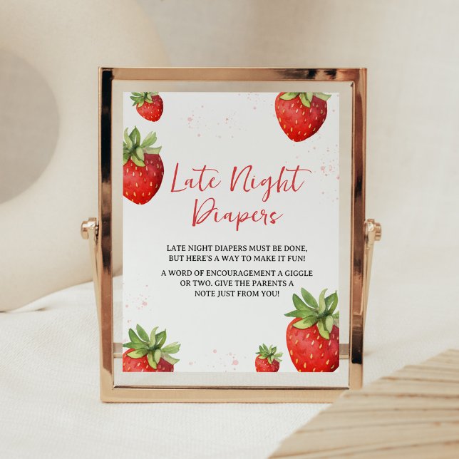Poster Fraldas Noturnas Mínimas de Morango Vermelho (Berry Sweet Baby Shower Late Night Diapers Sign)