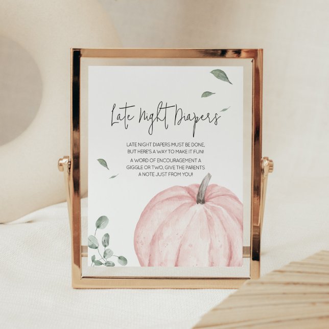 Poster Fraldas Noturnas Mínimas Rosa (Watercolor Pumpkin Baby Shower Late Night Diapers Sign)