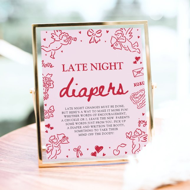 Poster Fraldas Noturnas para Chás de Bebê no Dia dos Namo (Pink Red Valentine Baby Shower Late Night Diapers Game Sign)