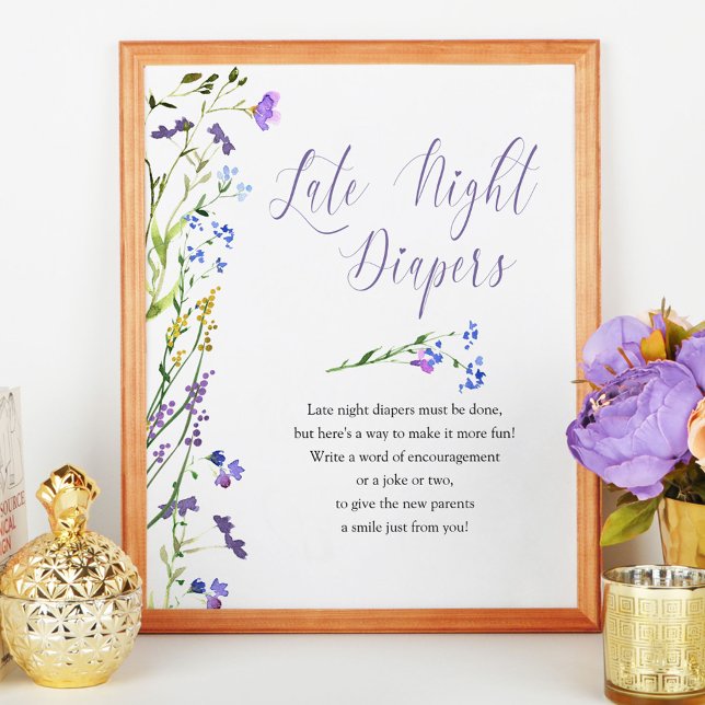 Poster Fraldas Noturnas Roxas Chá de fraldas de flor selv (Baby Shower activity sign from my Purple Wildflower Collection. Order printed or as a printable)