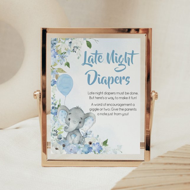 Poster Fraldas Noturnas Tardias com Elefante de Amendoim  (Blue Elephant Little Peanut Baby Shower Late Night Diapers Sign)