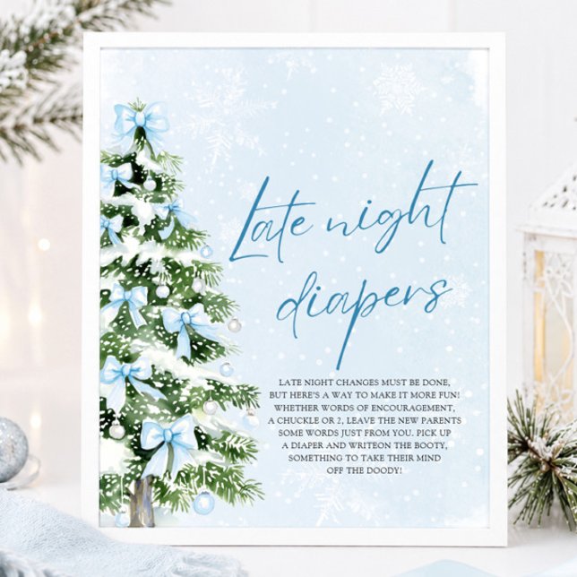 Poster Fraldas para a Noite Tarde do Chá de Bebê do Arco  (Blue Bow Christmas Baby Shower Late Night Diapers Sign)