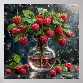 Poster Framboesas frescas e folhas verdes