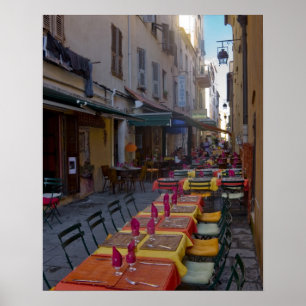 Poster França, Córsega. Mesas de café montadas em estreit