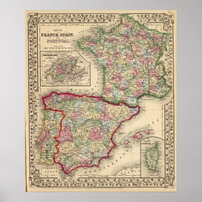 Poster França, Espanha, Portugal Mapa de Mitchell (Frente)