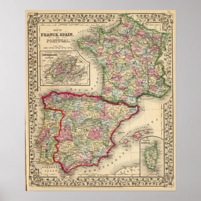 Póster Mapa de Século 19 Espanha e Portugal 