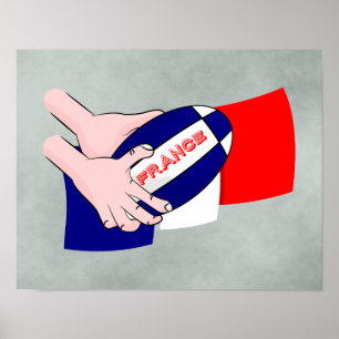 Poster France Flag Rugby Ball Cartoon Hands