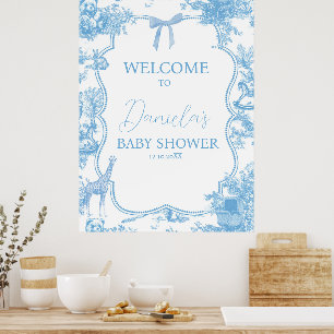 Poster Francês Azul Branco Toile de Jouy Bear Baby Welcom