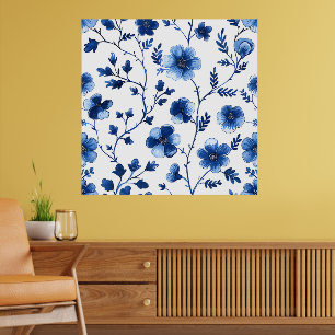 Poster Francês Cottagecore Azul Padrão Floral Tecido