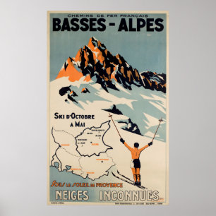 Poster francês das viagens vintage do esqui de