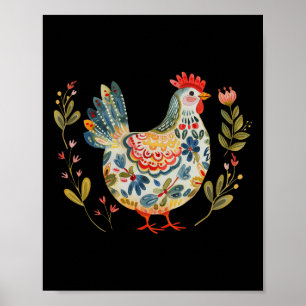 Poster Frango Boho Flor Arte Folclórica Floral Fazendeiro