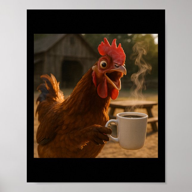 Poster Frango Engraçado Bebendo Café Para Homens Mulheres (Frente)