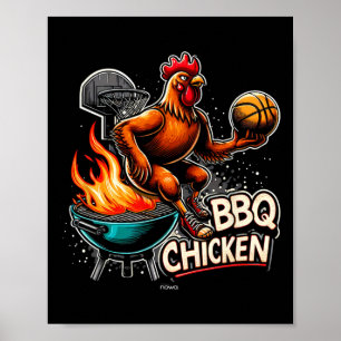 Poster Frango Grelhado Bbq Jogando Basquete Flamejante