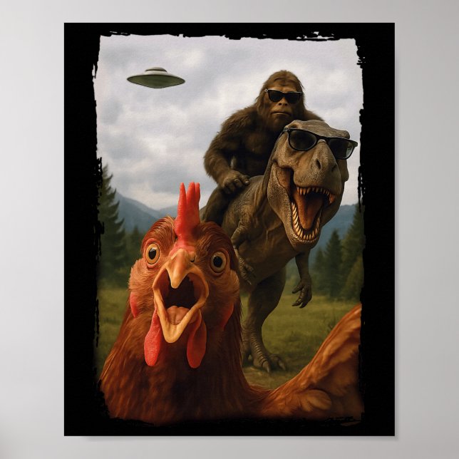 Poster Frango Pé Grande T-rex Ufo Selfie  (Frente)