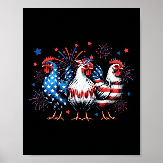 Poster Frango Vermelho Branco Azul Bandeira EUA Fogo de A (Frente)