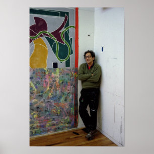 Póster Frank Stella ao lado de um de seu trabalha