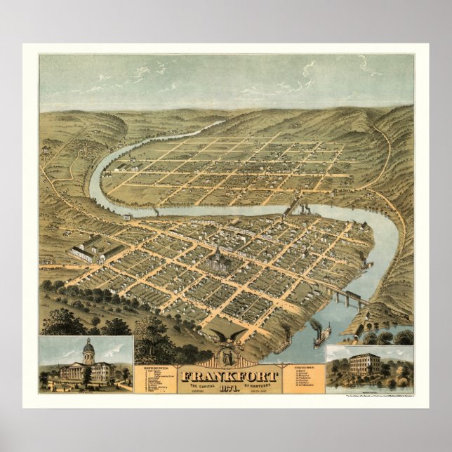 Poster Frankfort, mapa Panorâmico do KY - 1871 (Frente)