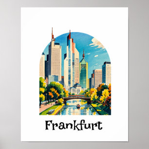Poster Frankfurt Alemanha Cityscape com Rio e Ponte