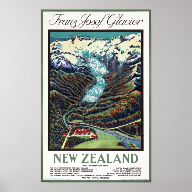 Póster Franz Josef Glacier Viagens vintage (Frente)