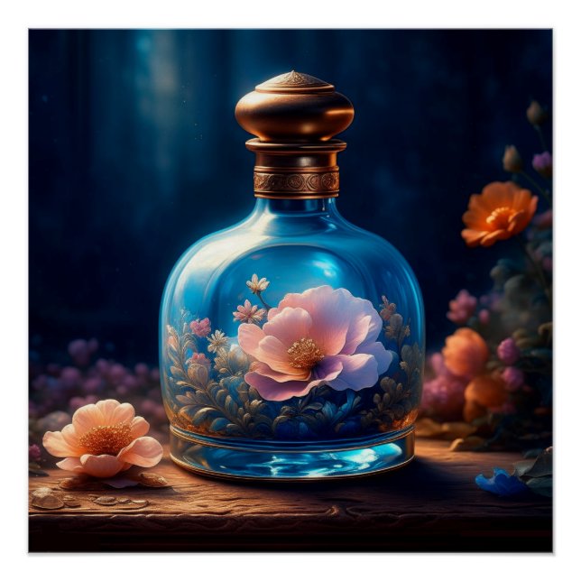 Póster Frasco de Perfume Azul Floral (Frente)