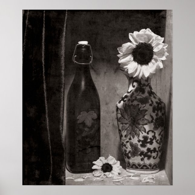 Poster Frasco e Flor Vase em Preto e Branco (Frente)