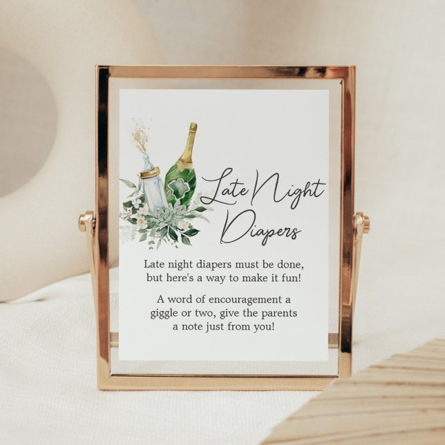 Poster Frascos de Chá de fraldas Fraldas Noturnas Tardias (Poppin' Baby Bottles Baby Shower Late Night Diapers Sign )