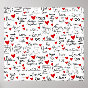 Poster Frases de amor, corações de rabisco, padrão de nam