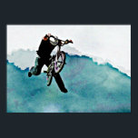 Poster Freestyle BMX Bicycle Stunt<br><div class="desc">Um ousado truque de bicicleta no ar de médio depois de subir em um salto de rampa. Cores azuis vívidas num estilo artístico legal e divertido pintado. Adicione um nome ou empresa para personalizar para entusiastas extremos da bmx, proprietários de compro esportivo etc.</div>