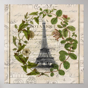 Poster french botanical ivy leaves  paris eiffel tower