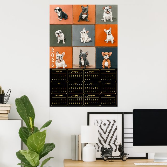 Poster French Bulldog Portrait Grid with 2026 Calendar (Escritório em casa)