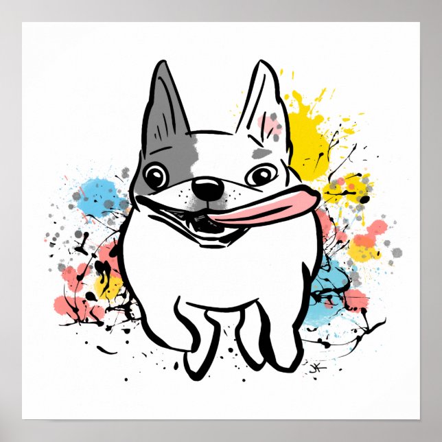 Poster French Bulldog Running Dog with Paint Splashes (Frente)