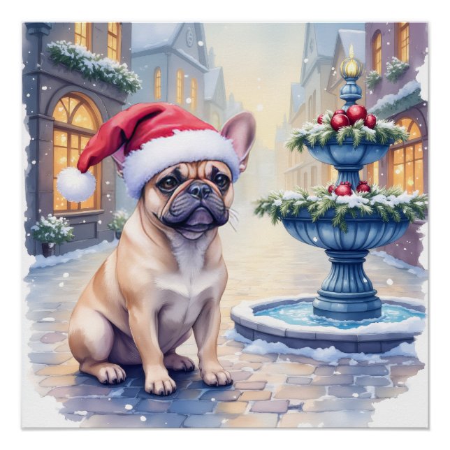 Póster French Bulldog Snowy Town Fountain Santa Christmas (Frente)