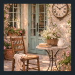 Poster French Country Courtyard Coffee Table<br><div class="desc">Bring the warmth and romance of the French countryside into your home with this serene courtyard wall art. A rustic stone table set with an open book, fresh coffee, and delicate flowers sits beside a charming wooden chair draped with a soft linen throw. Sunlight glows through vintage French doors adorned...</div>