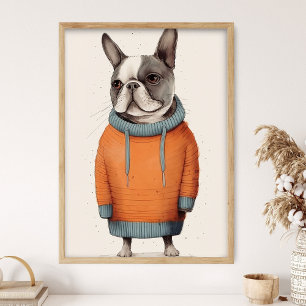 Poster Frenchie com Suéter Laranja, Decoração de Cachorro