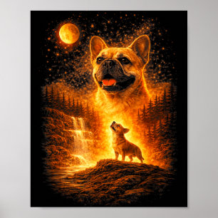 Poster Frenchie uivando para a lua vintage cão místico