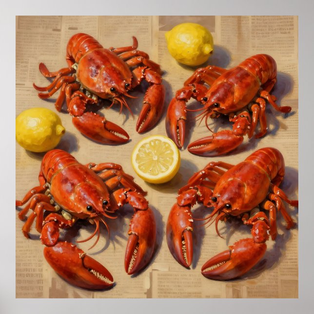 Poster Fresh Boiled Lobster Lemon Newspaper Feast (Frente)