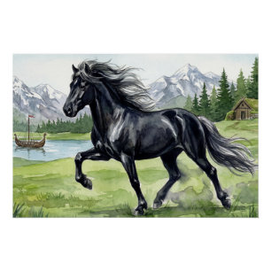 Póster Freydis Black Cavalo Islandês em Paisagem Nórdica
