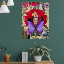 Frida Kahlo Cat Monkey Colagem Floral Colorida