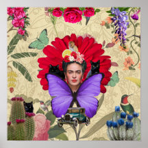 Frida Kahlo Cat Monkey Colagem Floral Colorida