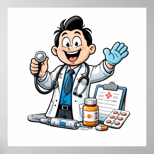 Poster Friendly Doctor Mascot Medical Cartoon Design (Frente)