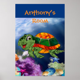 Poster Friendly Sea Turtle in Sea